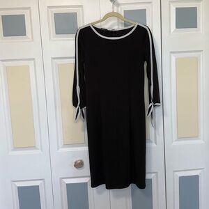 Talbots Black and White Sleek Sheath Dress Long Sleeve Open Tie Cuff Sz S Small